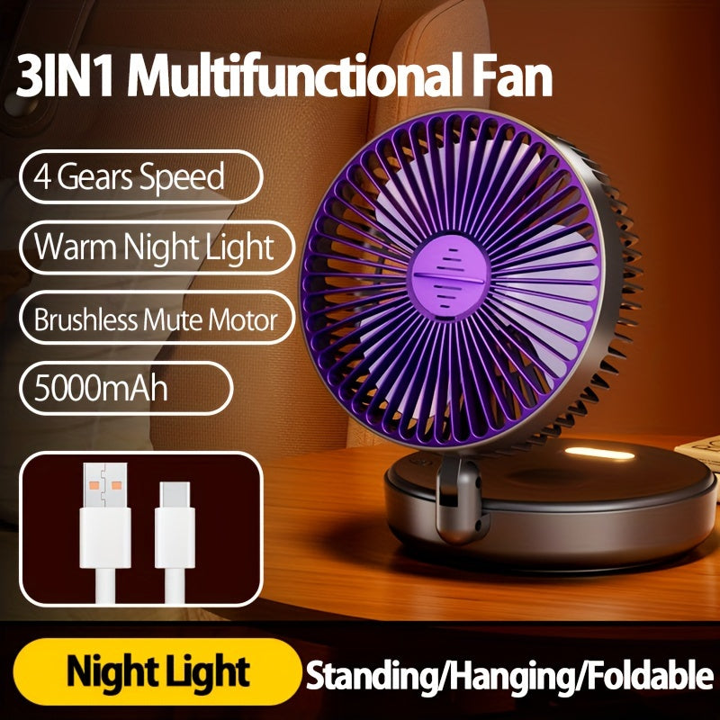 Versatile and Compact 3-in-1 Rechargeable Circulation Fan with Quiet Brushless Motor and Warm Night Light Feature - Perfect for Office, Home, and Outdoor Use - Includes Traceless Hook for Easy Mounting - Portable and Foldable Design with 4 Adjustable