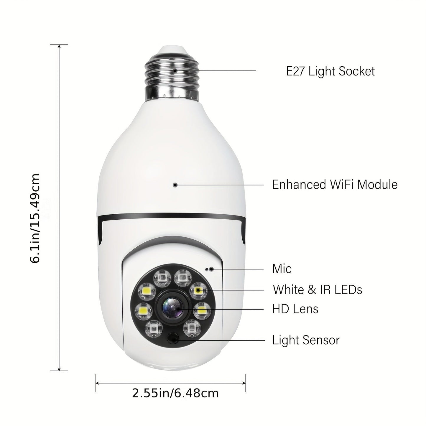 Wireless Security Camera Light Bulb with Smart Features: Suitable for Indoor and Outdoor Use, Equipped with 2-Way Audio, Motion Detection, Alarm Alerts, and Pet Monitoring Capability.