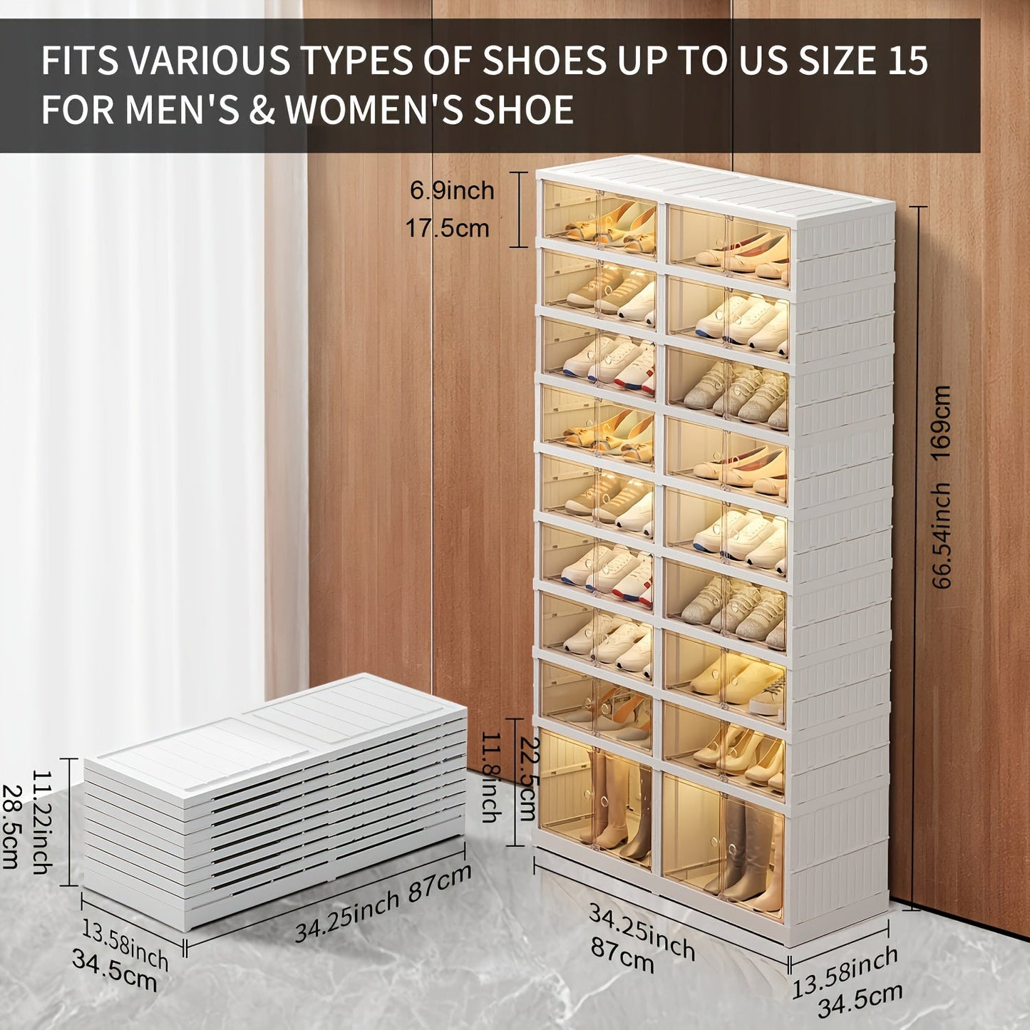 1 piece of a foldable shoe rack with 6/9 tiers for organizing your shoes in the closet. Made of durable plastic, this collapsible shoe shelf comes with a stackable clear shoe box with a door for easy access. This shoe cabinet is easy to assemble and is