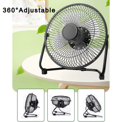 A portable USB plug-in desktop fan with a stylish 8-inch iron art design. Features 2-speed adjustable settings, 4 strong fan blades, and a 360° adjustable angle for maximum airflow.