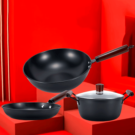 Set of 3 Cast Iron Cookware: Includes a 30.48cm Wok, a 24.13cm Frying Pan, and a 24.13cm Soup Pot with Charcoal Wood Handles. Rust-resistant and high heat resistant, perfect for all your cooking needs.