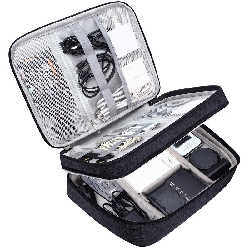 Polyester organizer bag stores digital accessories, cables, headphones, hard drive, power cord, and makeup.