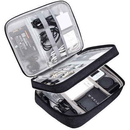 Polyester organizer bag stores digital accessories, cables, headphones, hard drive, power cord, and makeup.