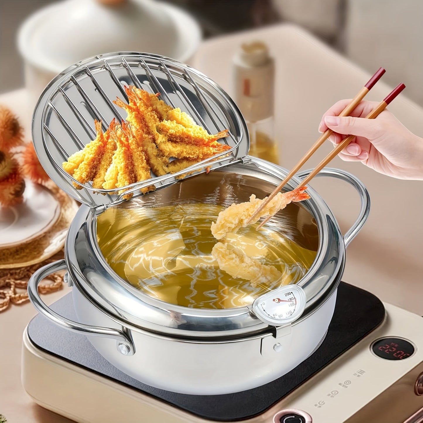 Deep fry your favorite delicacies with ease using this stainless steel pot. Featuring a large capacity of 2.2L and a temperature display, this pot is ideal for frying chicken, fries, and more. It is compatible with gas stoves, induction cookers, and