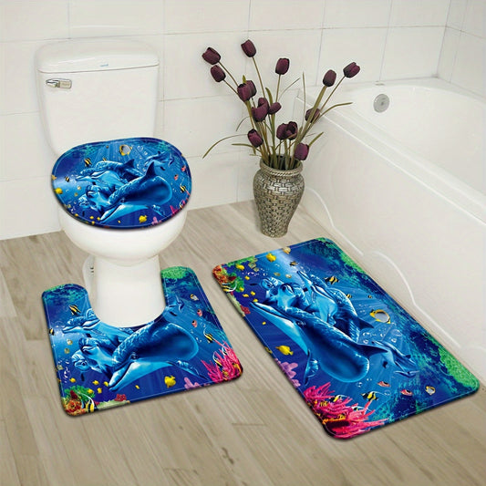 Fantasy Dolphin Blue Bathroom Set includes Non-slip Floor Mat, Toilet Floor Mat, and Anti-fatigue Rug. The U-shaped Floor Mat also doubles as a toilet cover mat, providing comfort and style for your home décor. Stand comfortably with this Home Decoration