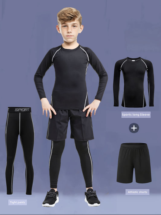 Youth Quick-Dry Compression Set for Running and Sports Performance, includes long sleeve top, shorts, and leggings, ideal for outdoor activities.