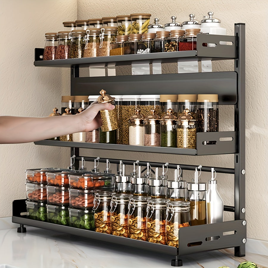 Adjustable Kitchen Storage Rack - Wall Mount with No-Drill Installation, Organize Seasonings and Utensils with Multi-Tier Modern Metal Design, Perfect for Spice Storage and Knife Placement.