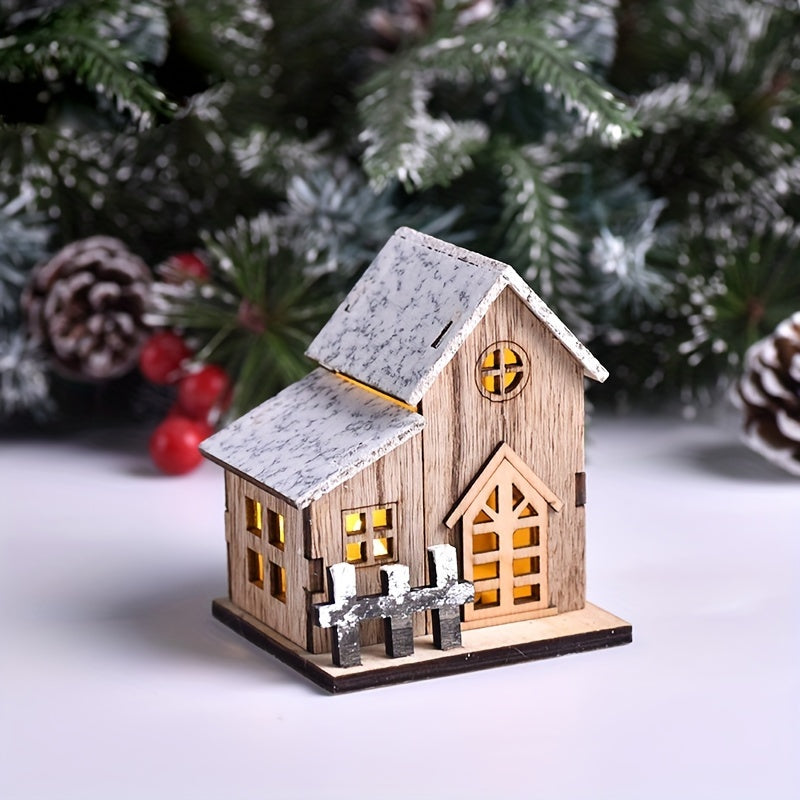 1pc Wooden House Ornaments for Christmas, Luminous LED Tabletop Decor