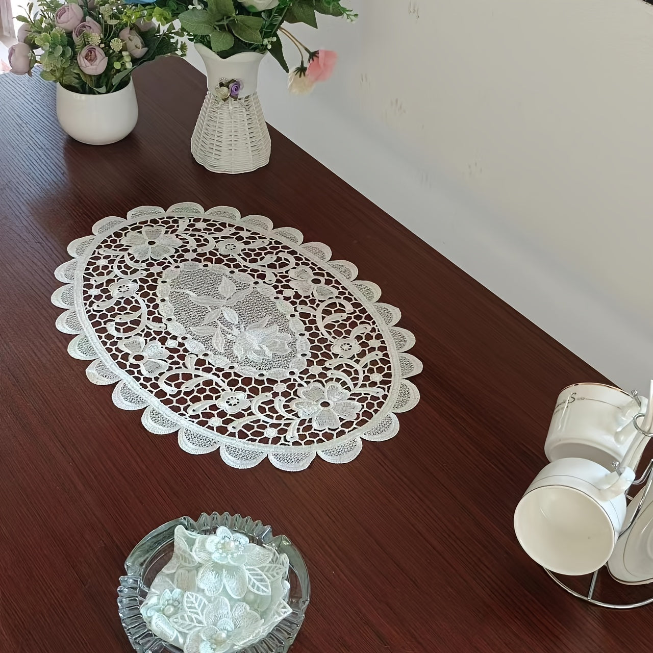 Polyester placemats with white lace embroidery, Nordic-style table decoration mat for coffee table, household bowl or plate decor, enhancing home decoration.