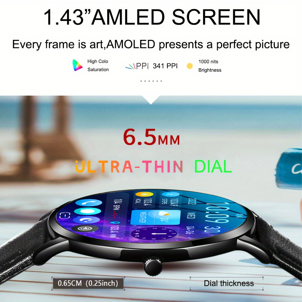 Sleek smart watch gift with 1.43" touch screen, SMS/call functions, Android/iPhone compatible, fitness tracker with 100+ sports modes.