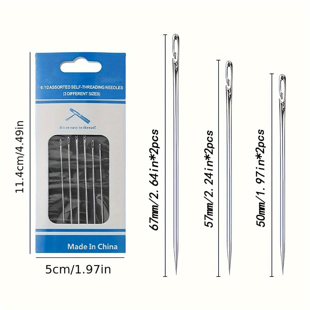 Set of 6 or 12 Side Hole Self-Pass Sewing Needles designed for elderly users, includes multiple sizes for DIY hand sewing.