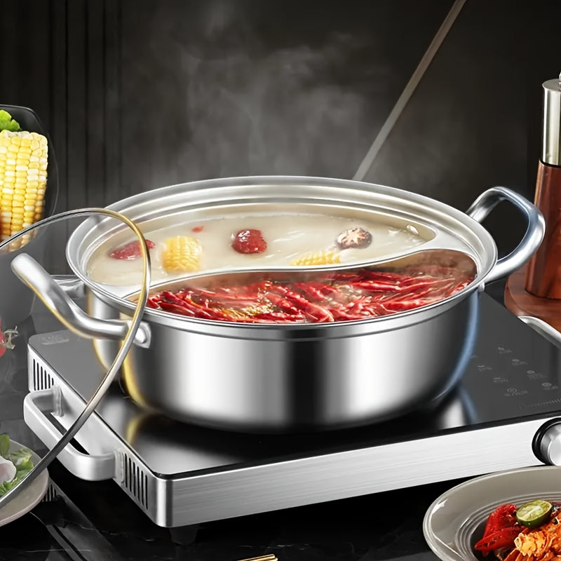 32.0cm Stainless Steel Double-Flavor Hot Pot Set - Induction Ready, Thick Walls for Flavor Isolation, Serves 4-6, Great for Home, Parties, and Camping