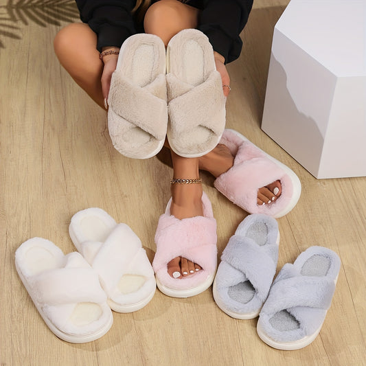 Women's fuzzy slippers with solid color, slip-on style, EVA sole, fabric upper/inner/insole, hand washable, suitable for all-season indoor/outdoor use in autumn and spring.