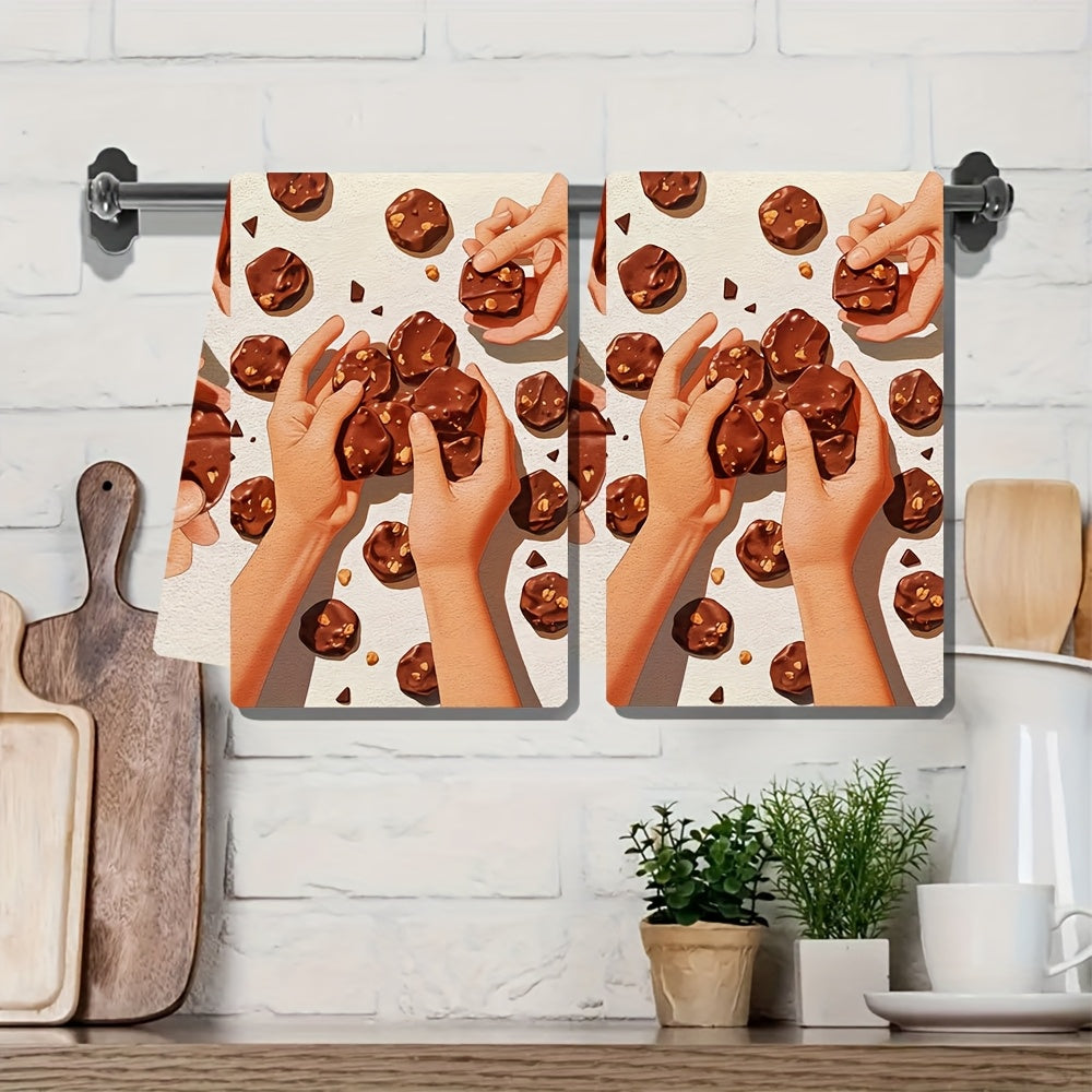 Get 2 ultra soft kitchen towels, perfect for holiday decor and featuring a set of gourmet chocolate covered cookies. These highly absorbent dish hand towels are machine washable and measure 16x24 inches. Item number: 2KYSMF1214049