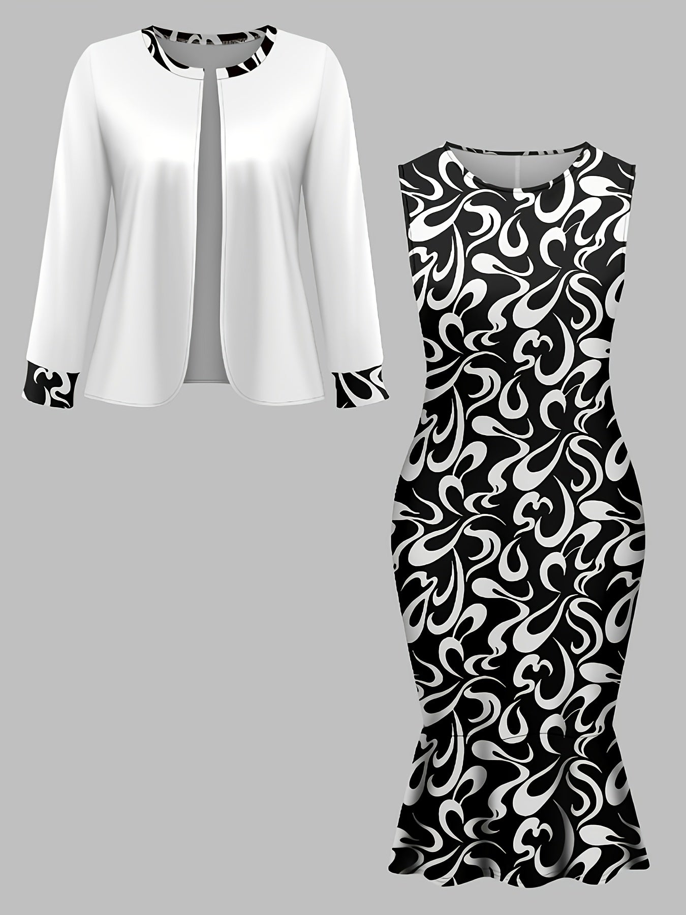 Chic white coat and black paisley print sleeveless dress set for plus-size women. Made from stretchy polyester blend, machine washable.