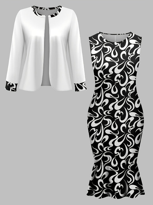 Chic white coat and black paisley print sleeveless dress set for plus-size women. Made from stretchy polyester blend, machine washable.