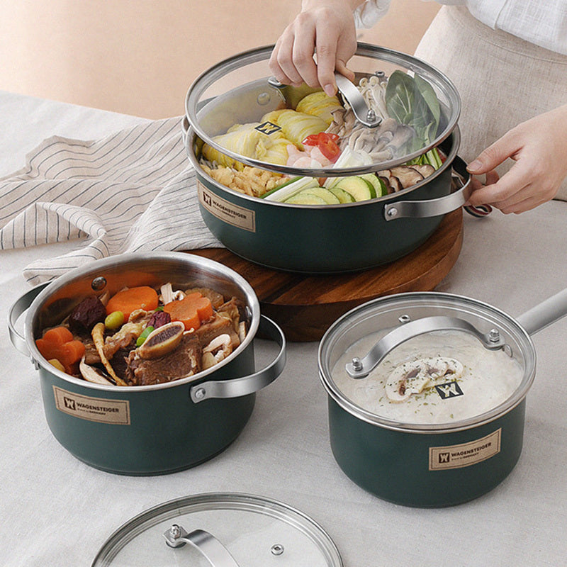 Set of 3 WAGENSTEIGER Stainless Steel Cookware featuring Ceramic Finish - includes Saucepan, Hot Pot, and Soup Pot with Thickened Composite Base. Suitable for use on Induction & Electric Stoves, adding an Elegant Touch to your Kitchen Decor.