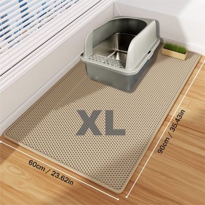 Large cat litter mat made of EVA material prevents spills and leaks, containing litter. Non-slip, washable, waterproof, and odor-resistant. Ideal for litter boxes and protecting pet items.