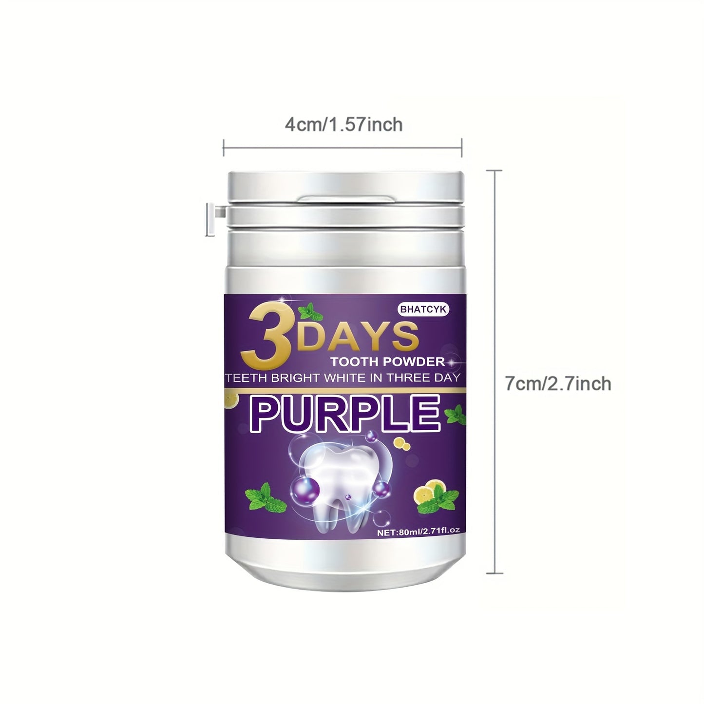 BHATCYK 3-Day Purple Teeth Whitening Powder fresh mint flavor 80ml/2.71oz for a brighter smile, daily use and travel.