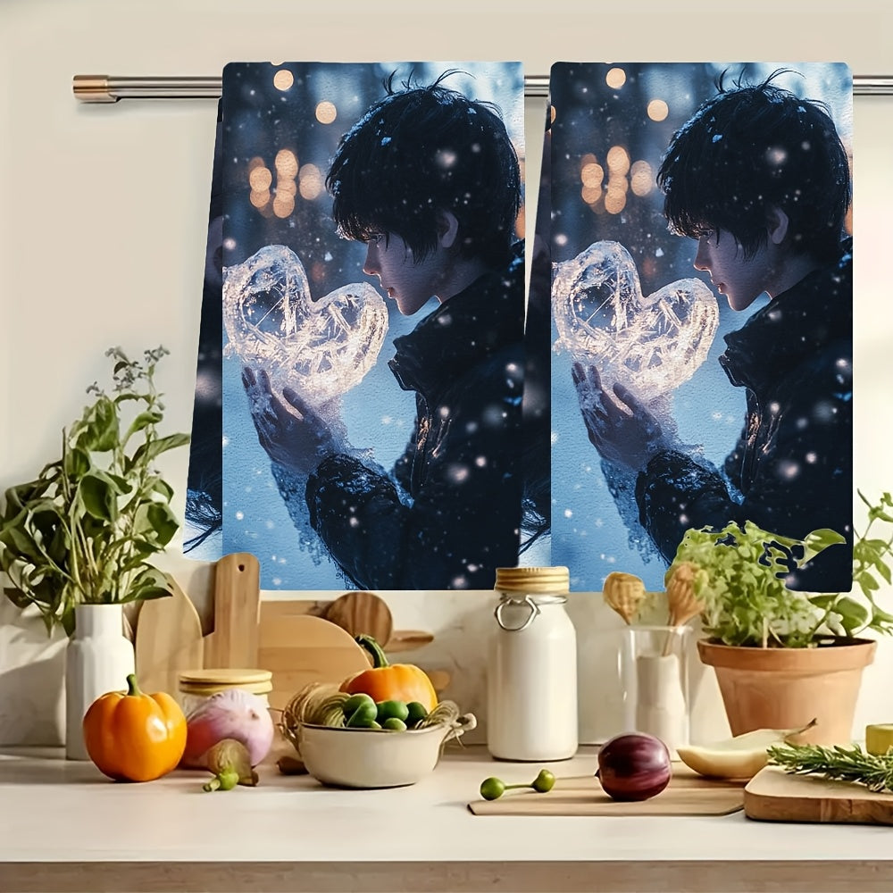 This pack includes two ultra-soft kitchen towels showcasing an anime boy crafting a heart out of ice in a winter landscape. These highly absorbent dish towels are ideal for holiday decor, can be easily cleaned in the washing machine, and come in a