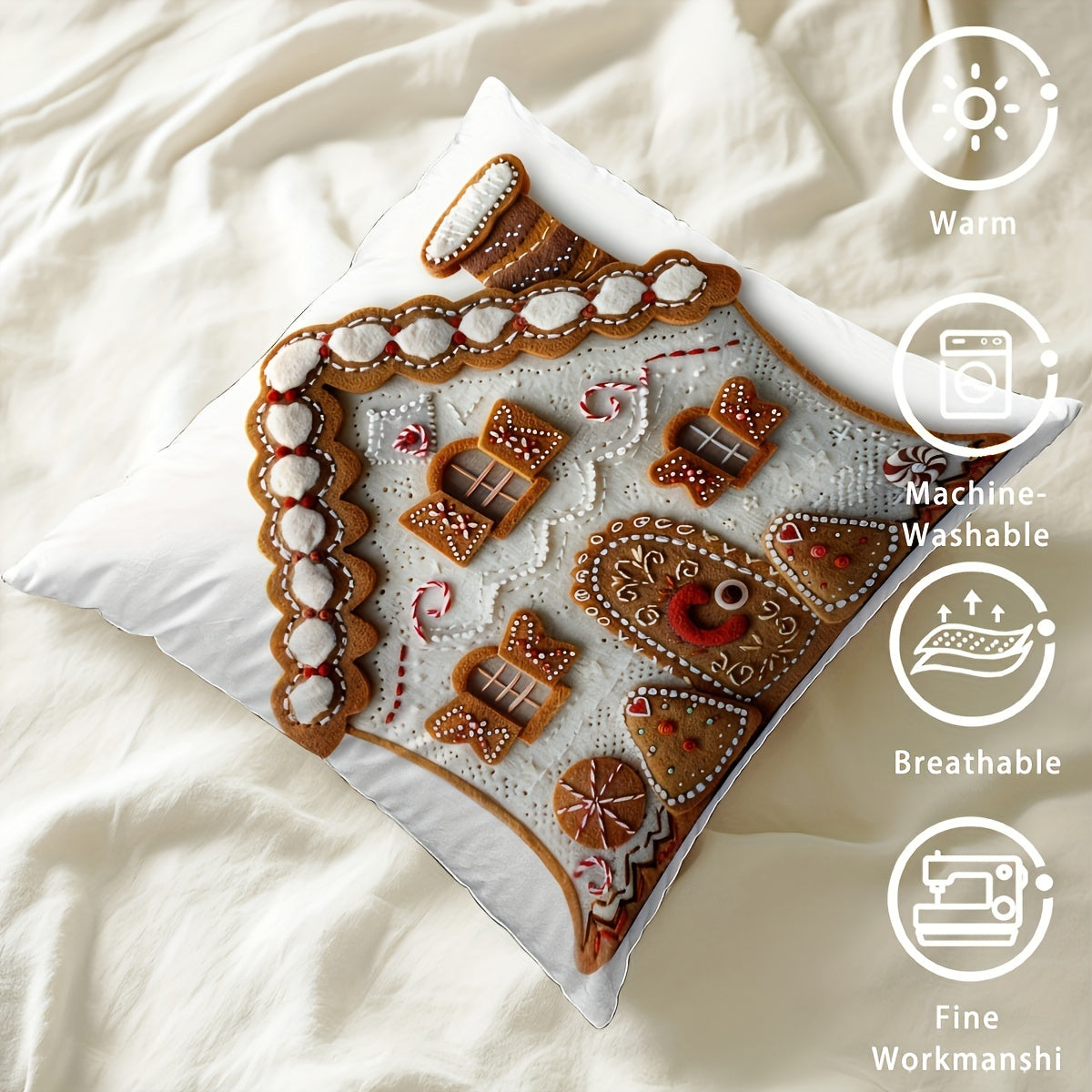 1PC Contemporary Gingerbread House Throw Pillow Cover, 100% Polyester with Zipper Closure, Machine Washable - Festive Christmas Design, 45.72x45.72 cm. Ideal for Living Room, Sofa, Farmhouse, Porch.