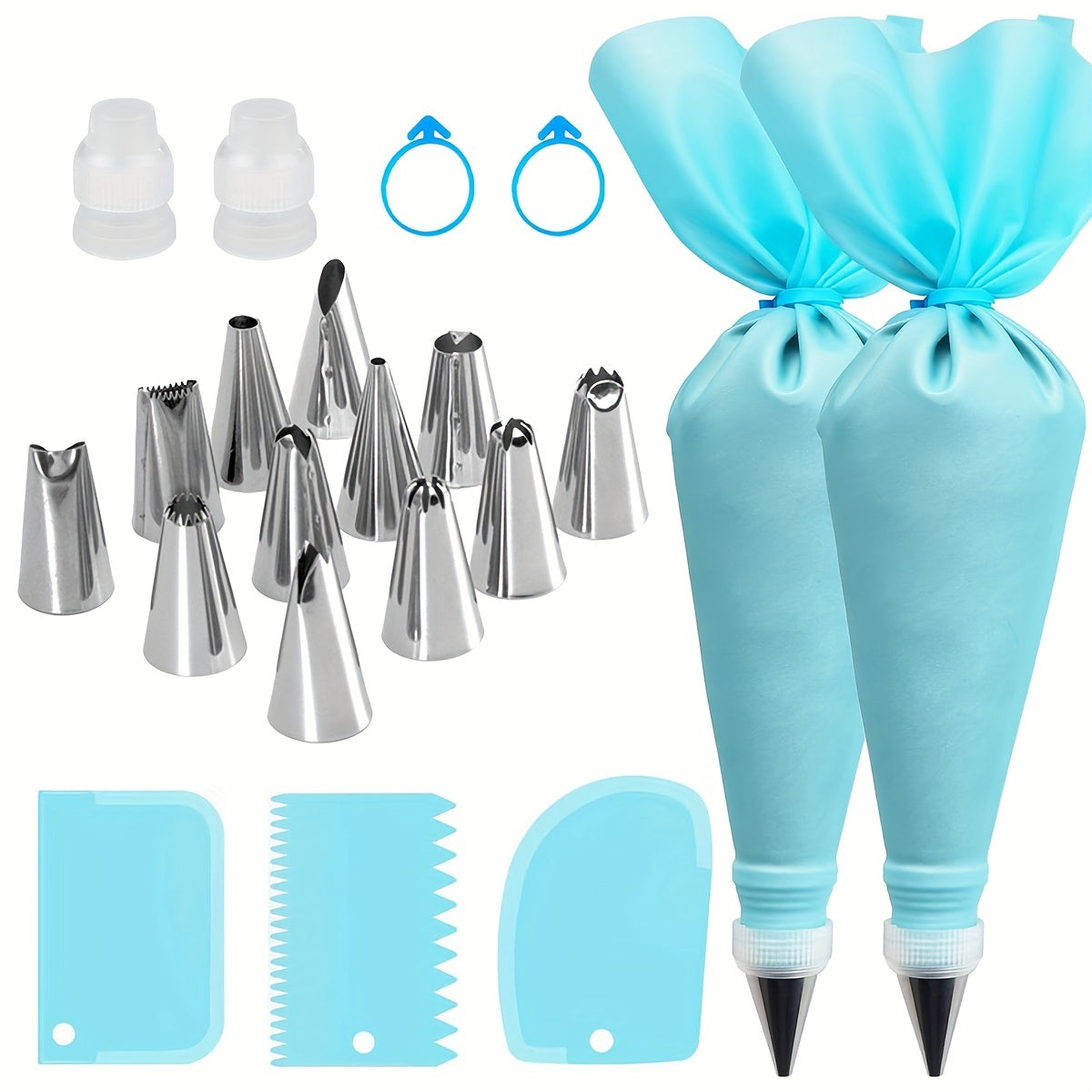 The cake decoration set includes baking tools, molds, piping bags, and tips, totaling 21 pieces.