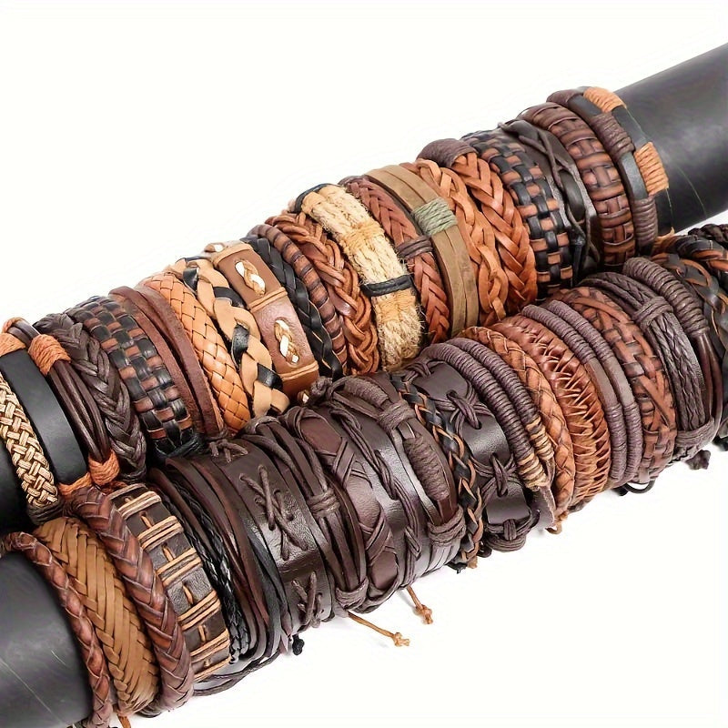 Set of 10, 20, or 30 Faux Leather Bracelets for Men and Women, Perfect for Christmas, Thanksgiving, and New Year Gifts. These Fashionable Retro Black and Brown Alloy Faux Cowhide Woven Bracelets are Adjustable and Stylish.