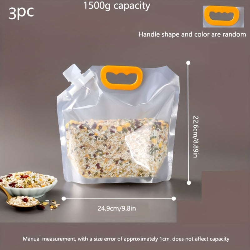 Three transparent cereal bags with lids for portable rice packaging and kitchen storage. These sealed bags are insect-proof and moisture-proof, ensuring freshness. Each bag can hold either 500g or 1000g of rice. Perfect for keeping your kitchen supplies