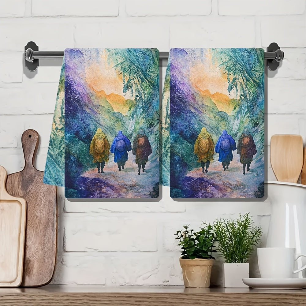 Two pieces of incredibly soft kitchen towels featuring Scripture texts from The Pilgrim's Journey. These towels are highly absorbent, machine washable, and have a vibrant watercolor design. Each towel measures 40.64x60.96 cm.