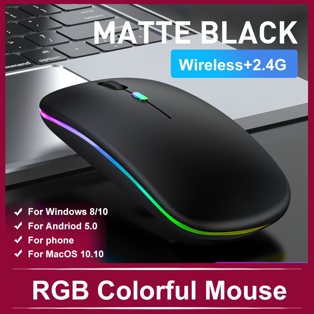 Wireless ergonomic mouse with RGB backlight, USB rechargeable, compatible with PC, laptop, and iPad. Features honeycomb design, 500mAh battery, and Windows 10 support. Great gift for gamers