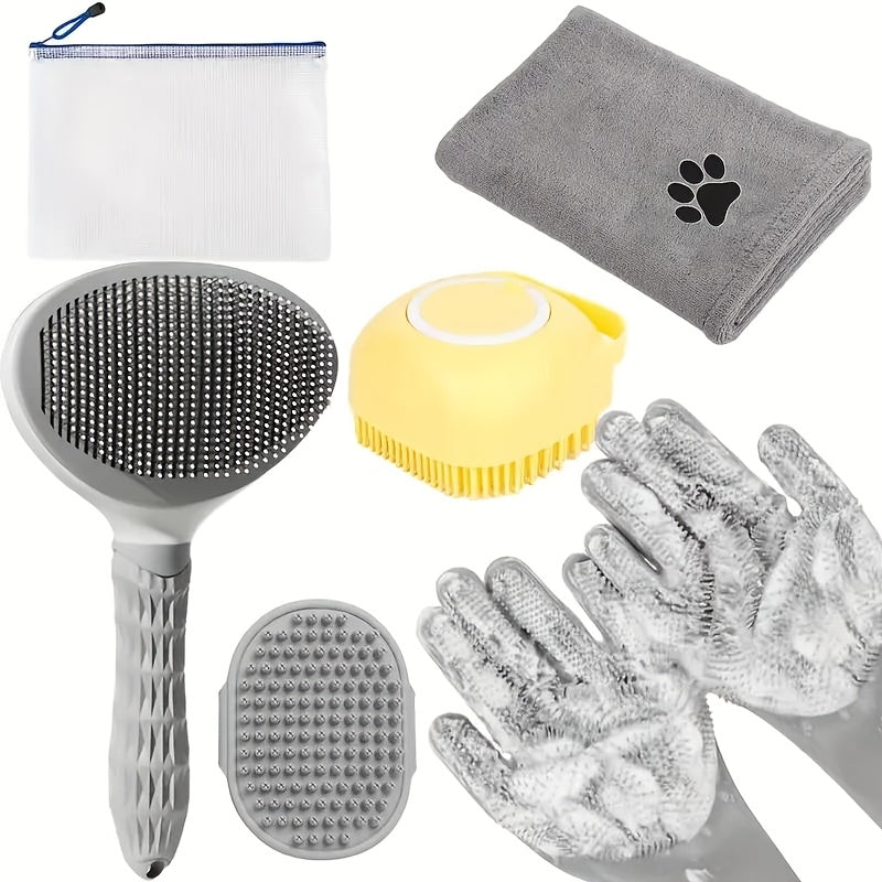 6-piece dog grooming kit includes silicone bath brush, microfiber towel, washing gloves, shedding tool for shiny coat without power needed. Essential care for pets.