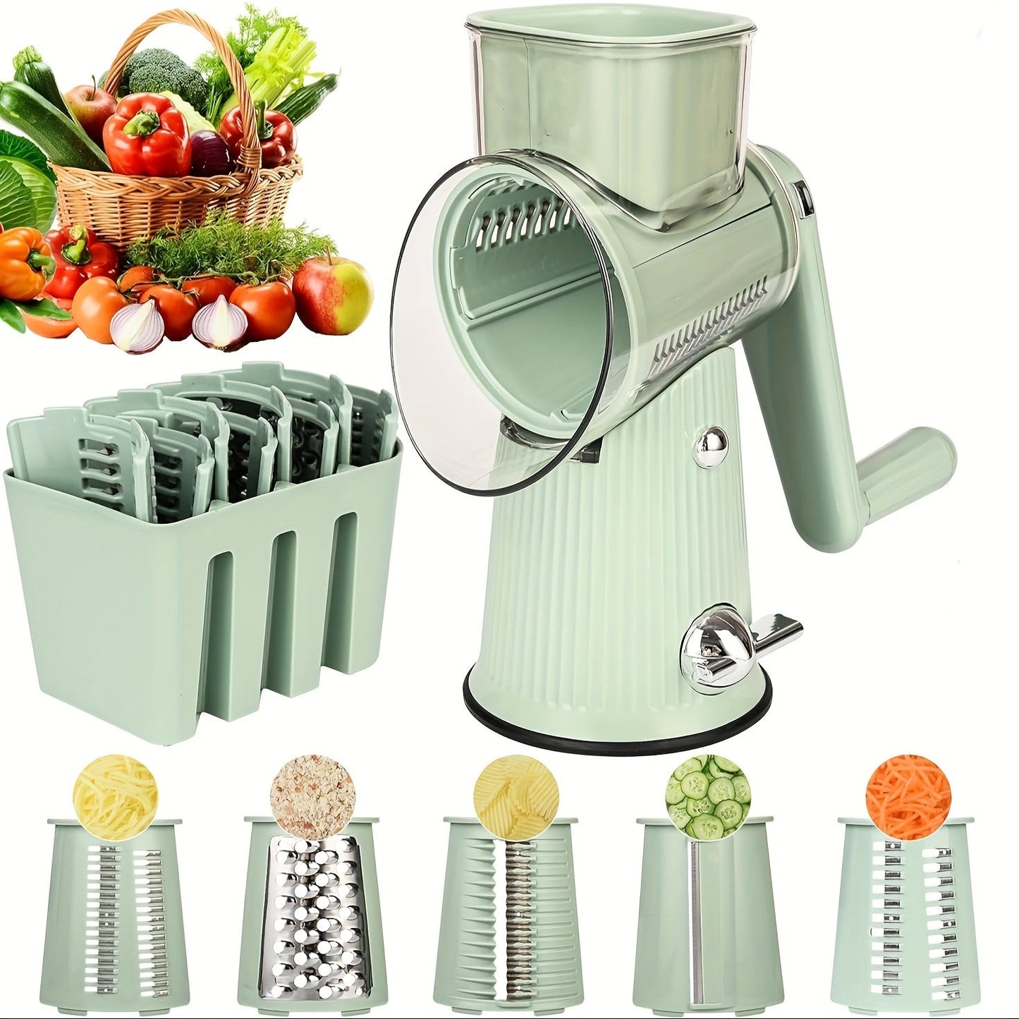 Made of durable plastic, this multi-functional 5-in-1 mandoline vegetable slicer is also a rotary cheese grater, dicer, shredder, and food processor. It comes with interchangeable blades, a safety hand guard, and a convenient storage drawer.