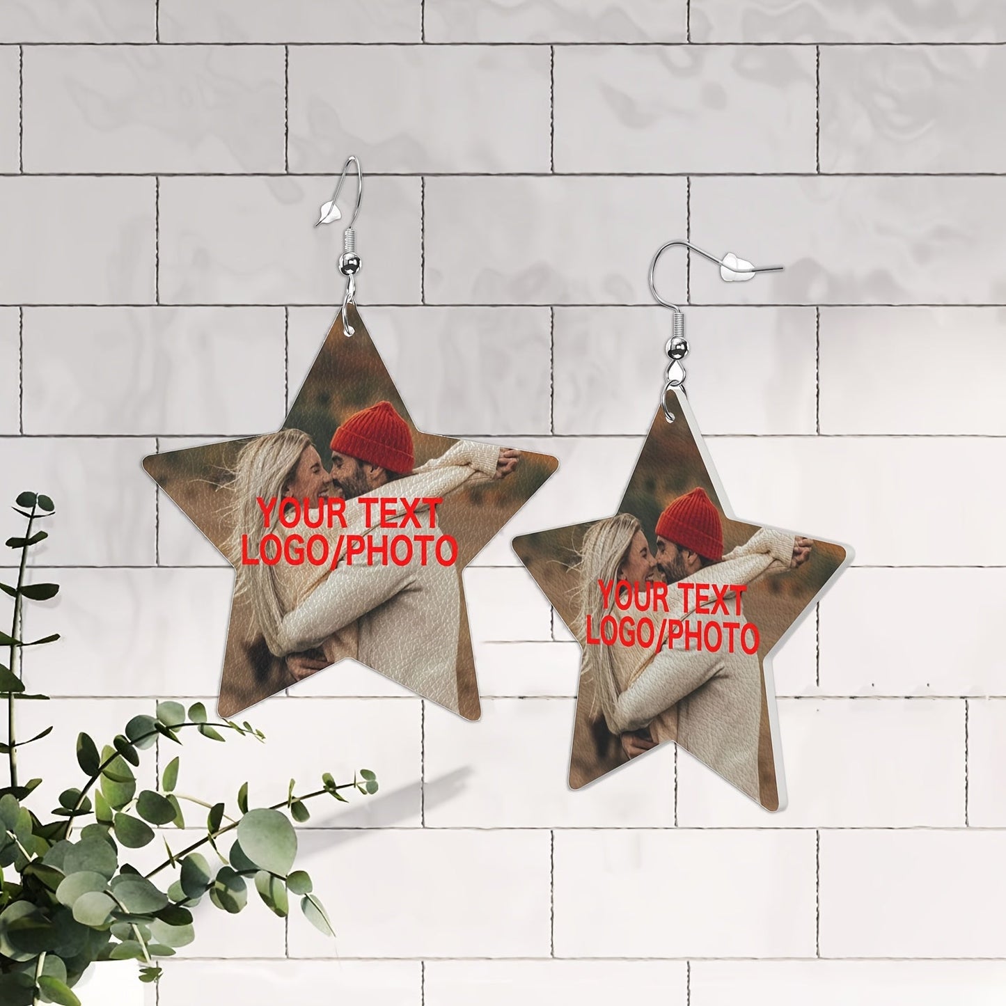 Beautiful pair of personalized leather star earrings, with custom text/photo/logo design, made with 925 silver plating. Perfect for special occasions like anniversaries, weddings, Mother's Day, birthdays, and Christmas. This versatile jewelry is suitable