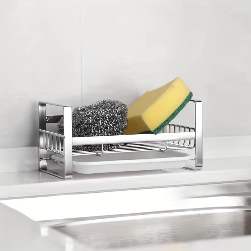 Get organized in the kitchen with this stainless steel drain rack. Stocked with essential items including a sponge wipe, steel wool ball, hand soap, sink cover, dish soap, dishwashing brush, and shelf.