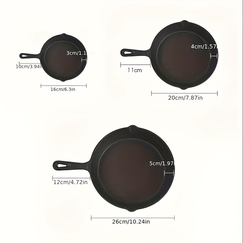 YUHUPHYLLIC pre-seasoned frying pan set includes 3 sizes (16cm, 20cm, 25cm) with spatula and handle sleeve for various cooking methods.