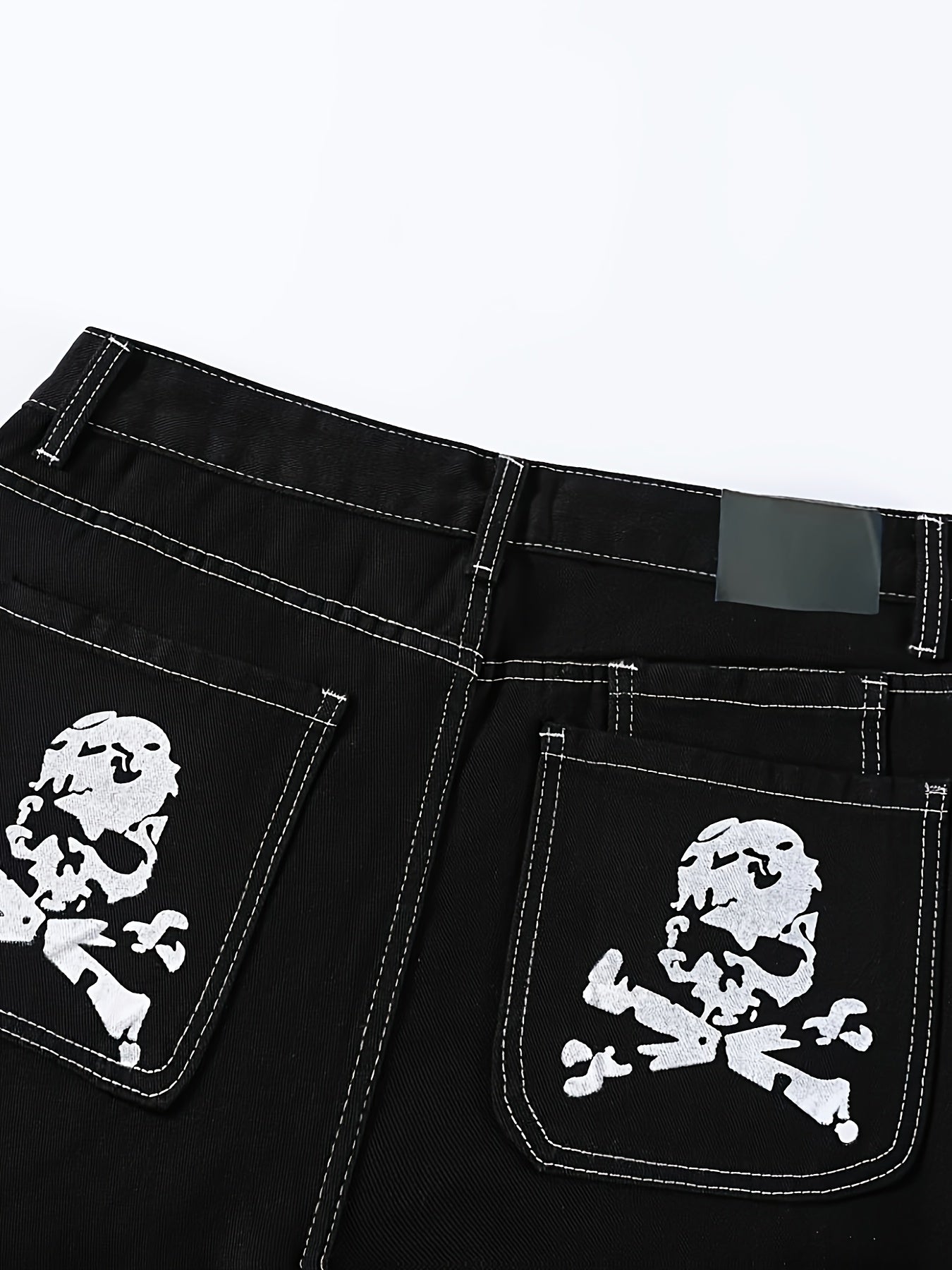 Men's Y2K Style Skull Print Wide-Leg Jeans with Flap Pockets - Streetwear Denim, Machine Washable, Blend Fabric, PLUS SIZE