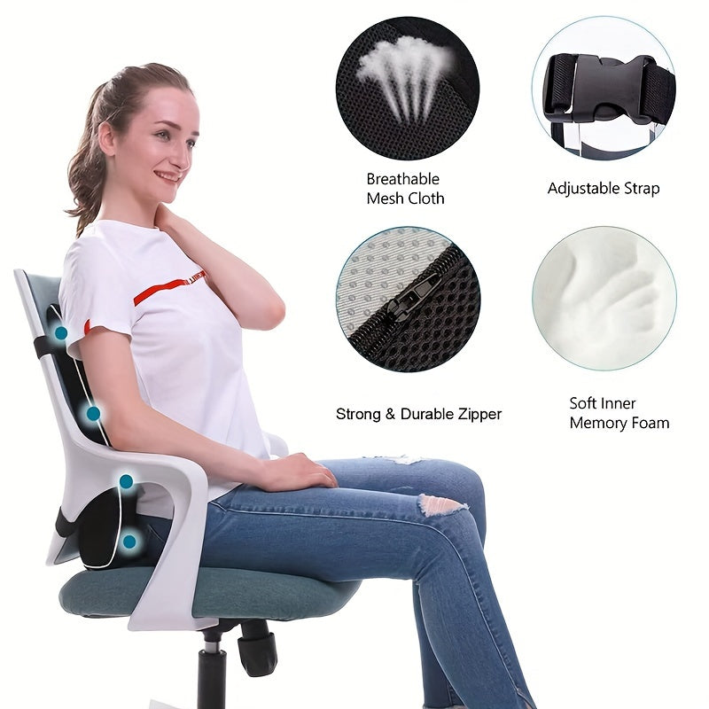 Grey 1pc Ergonomic Lumbar Support Pillow Cover with 3D Memory Foam Backrest Cushion and Adjustable Strap. Made with Hand Washable Knit Fabric and Zipper Closure. Multipurpose use for Office Chair, Car Seat, Recliner, Desk Chair, and Couch. Also available