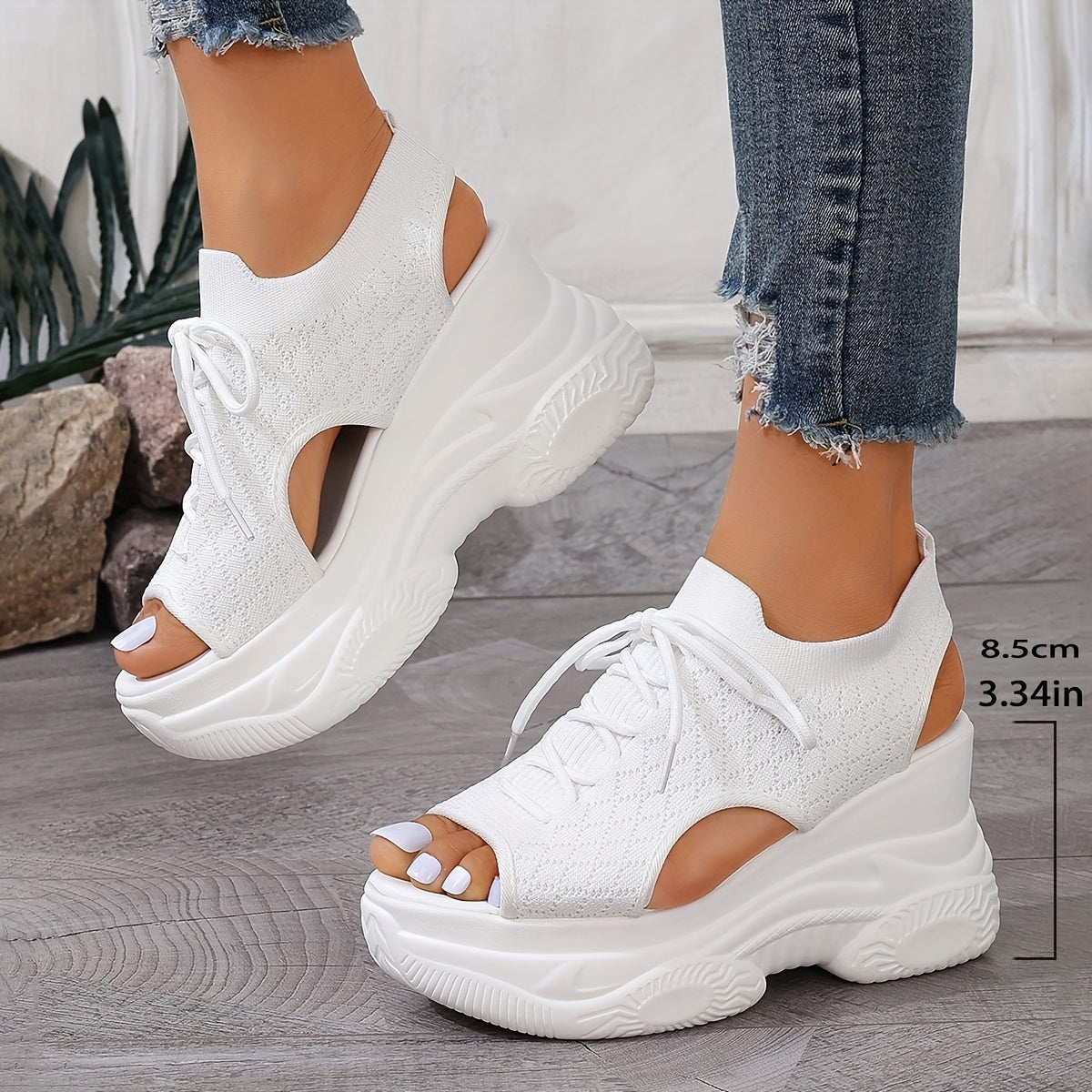 Summer platform wedge sandals with knit elastic upper, tie-up open toe design, soft high-heel sole.