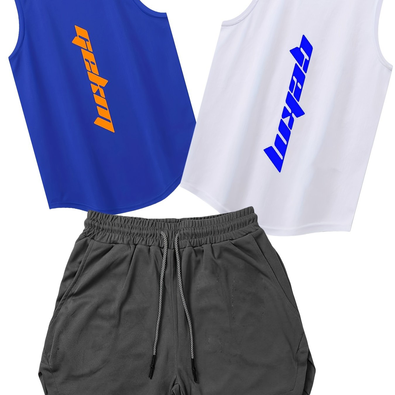 Men's Summer Fashion 3-pack of Sportswear, includes tank tops and drawstring shorts for casual, basketball, and fitness wear.