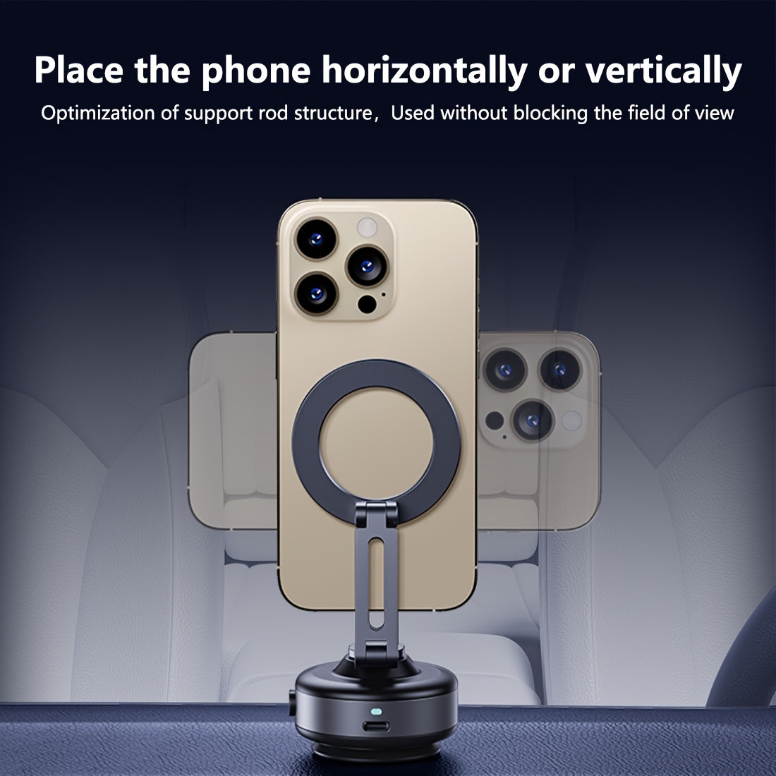 Dark Grey Magnetic Car Mount with 360° Rotation - Durable Aluminum Alloy, Strong Adhesion, Adjustable Stand for iPhone and Android Devices, Perfect for Live Streaming in car or at the Gym