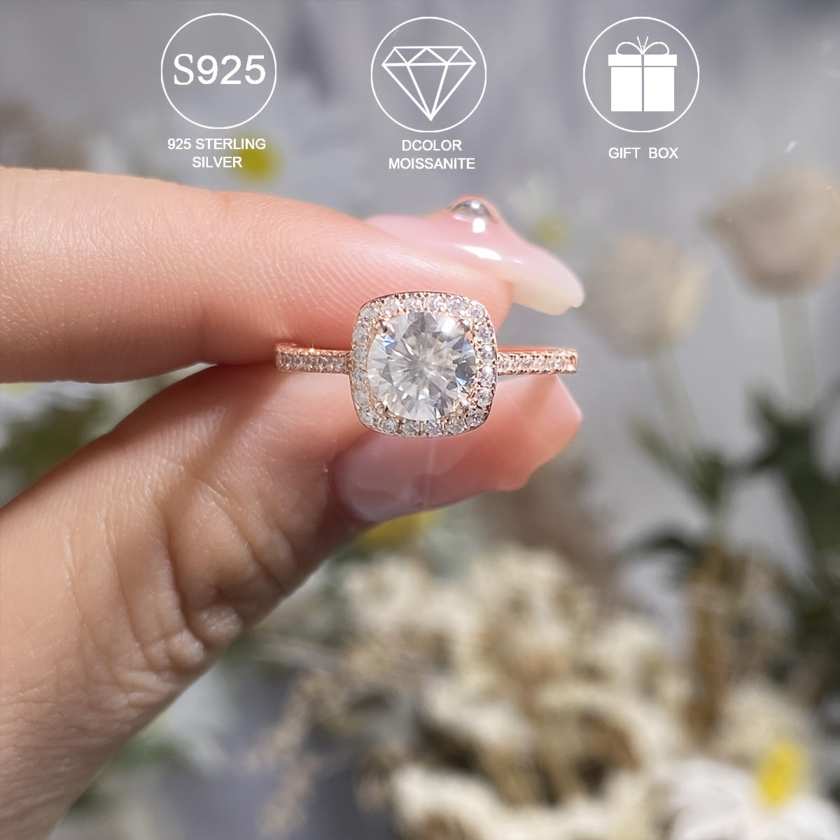 Zamonaviy 1ct Moissanite Qizil Oltin Halqa - Gippoallergen S925 Sterling Kumushdan tayyorlangan, Har kuni kiyish va maxsus tadbirlar uchun ideal, Sovg'a qutisi bilan birga keladi.