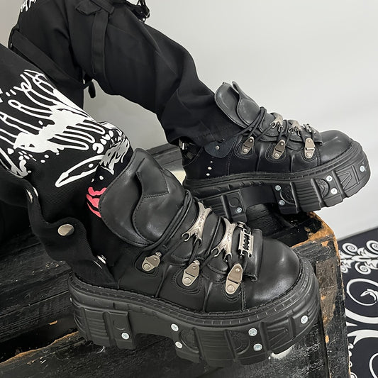 Women's gothic black high-top sneakers with platform heel, round toe, lace-up closure, non-slip sole, metal decoration, and thick high heel sole.