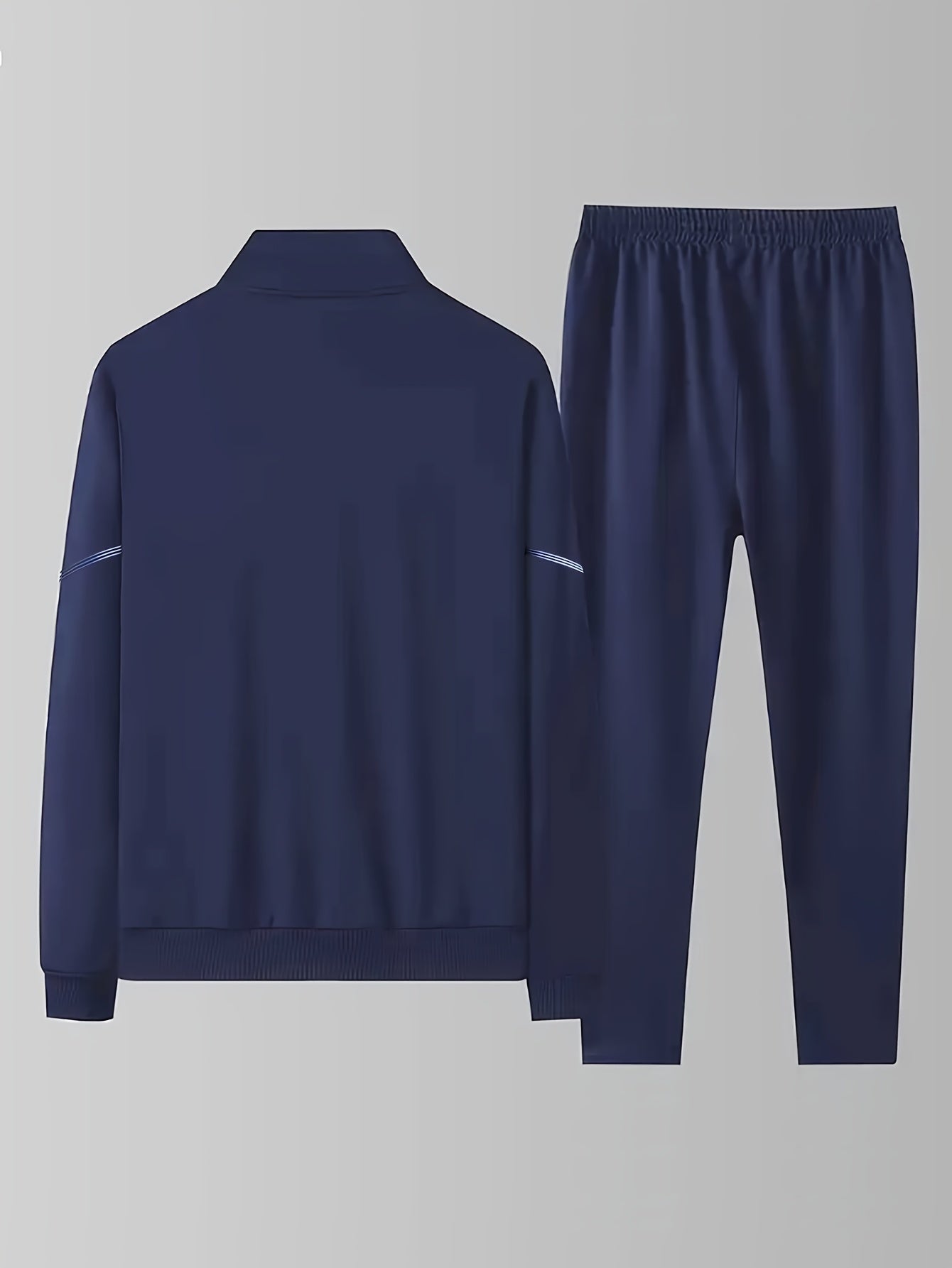 Men's casual sportswear set includes a stand collar zip-up jacket and drawstring pants made of polyester. Suitable for outdoor activities and business. Machine washable. Ideal for