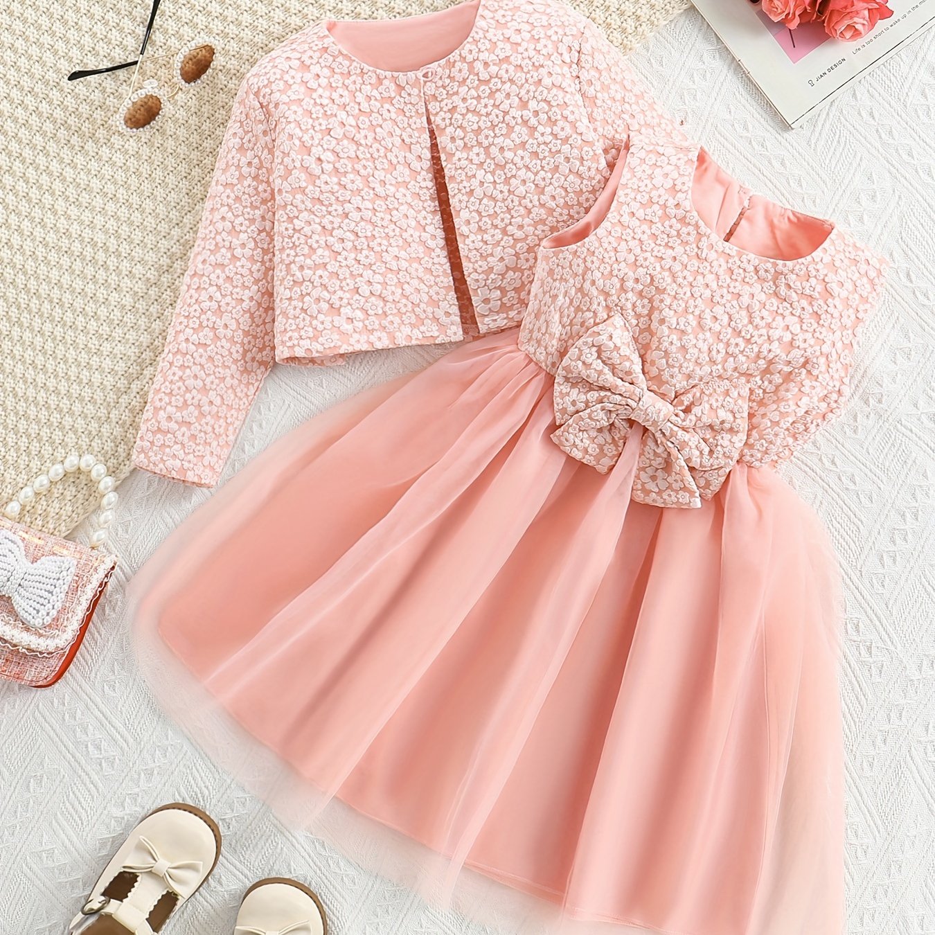 Girls' Casual Outfit Set: Crew neck cardigan and knee-high dress with tulle skirt in non-stretch fabric, perfect for spring/fall outdoor wear