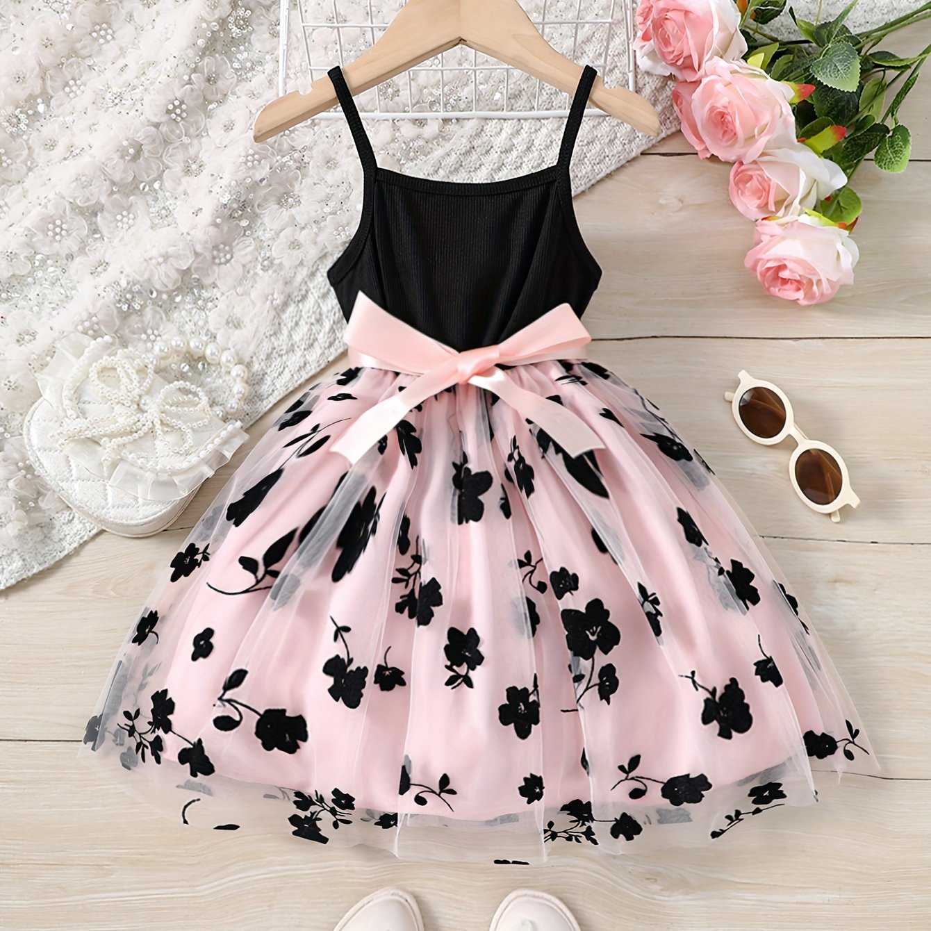 Girls Splicing Flower Graphic Cami Tutu Dress for Summer Party Gift