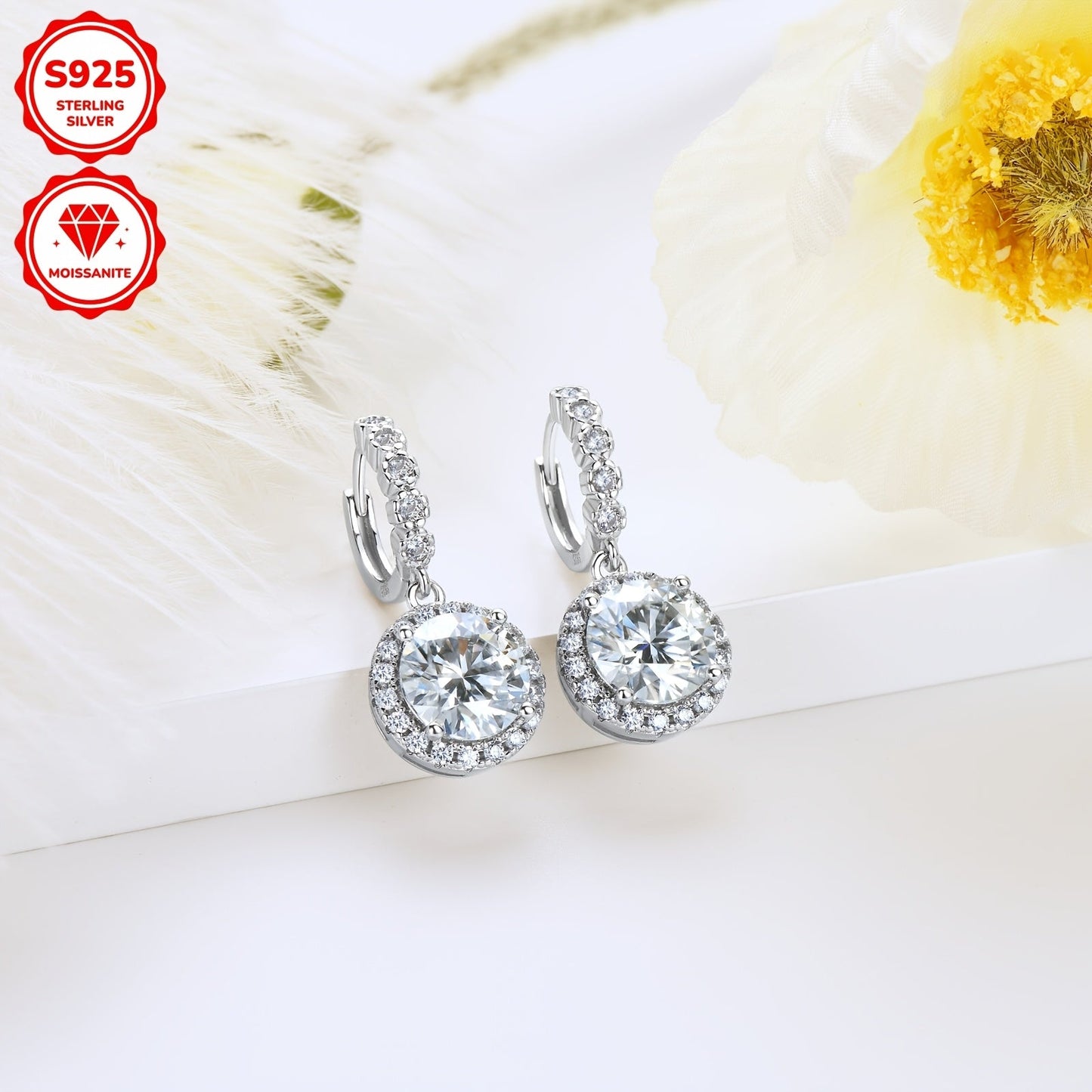 925 Sterling Silver Hoop Earrings with Synthetic Moissanite in 14K Gold Plating, featuring a Dangling Round Design perfect for Vacation Style. This elegant pair is ideal for Christmas and Holiday themes, as well as Party and Wedding events. Available in