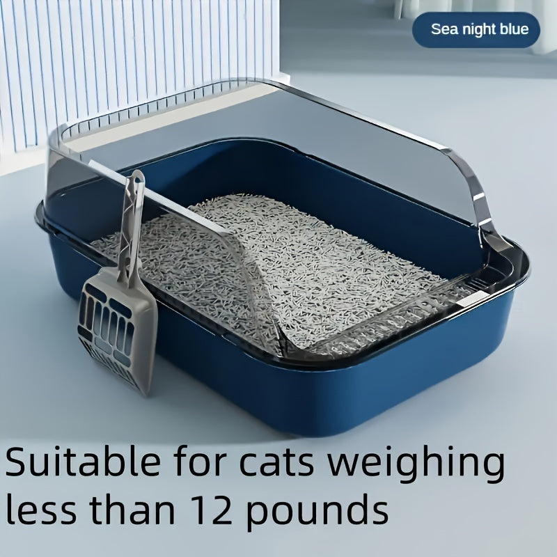 Three-piece high-quality plastic cat litter box with shovel, easy for cats to enter and exit, square high edge design for easy cleaning.