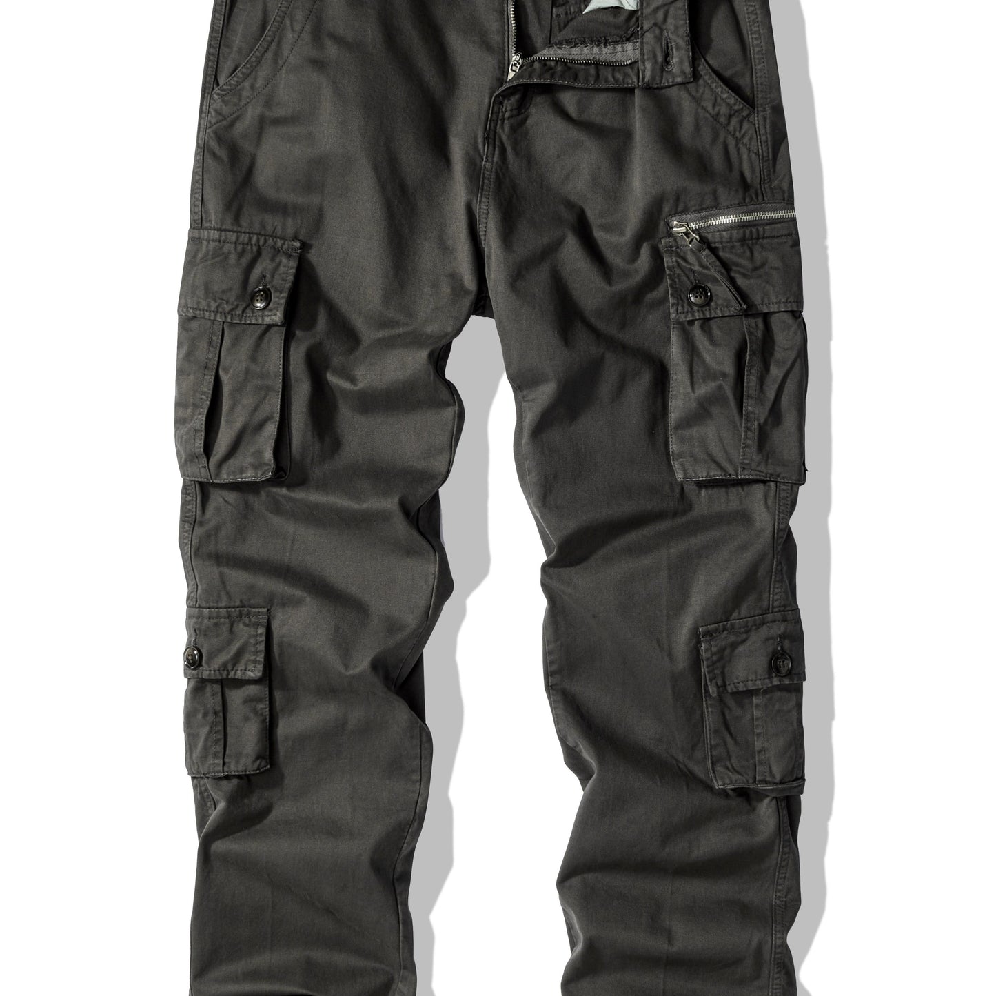 Men's plus size cargo pants in solid color, loose fit, made of washed cotton for all-season wear. Features 8 pockets and a street style design.