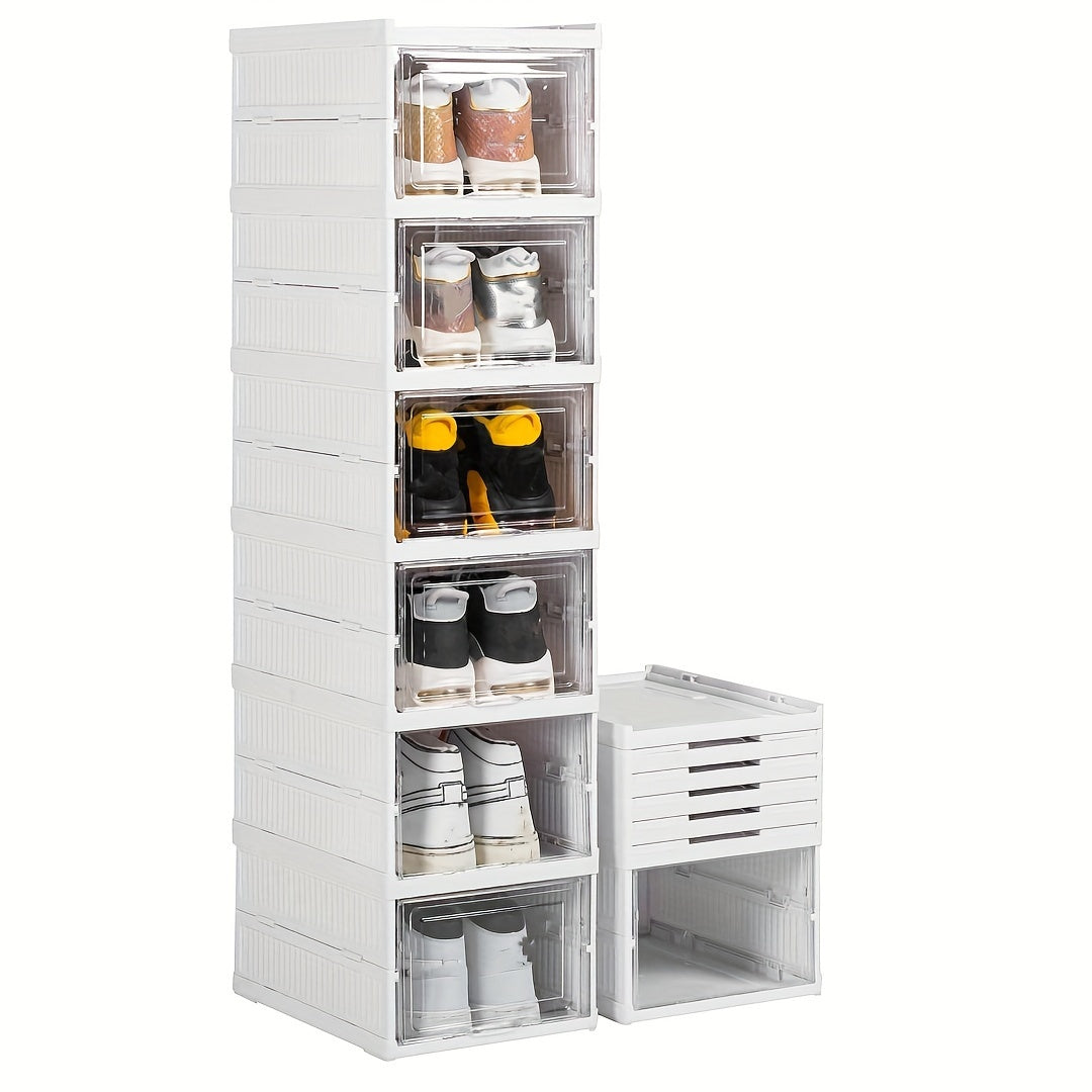 6-Tier stackable shoe storage box set with easy-access drop front, waterproof clear plastic bins. No assembly required, perfect for closet & entryway.