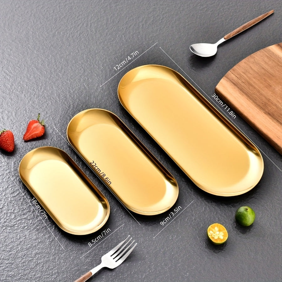 Stainless steel oval plate for Korean cuisine, snacks, and desserts, suitable for home, restaurant, picnic, and parties.